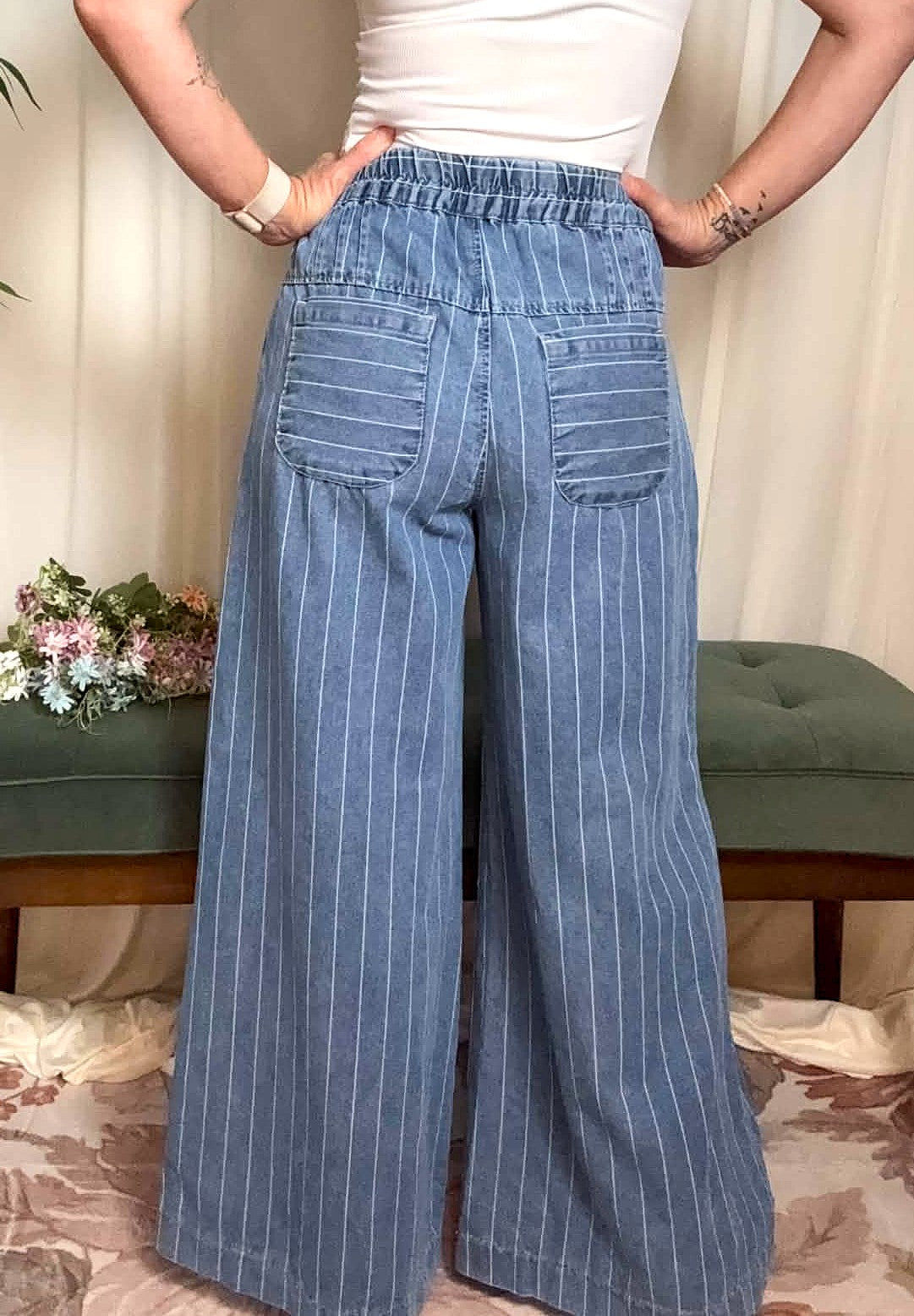 Blue Sky Striped Drawstring Jeans