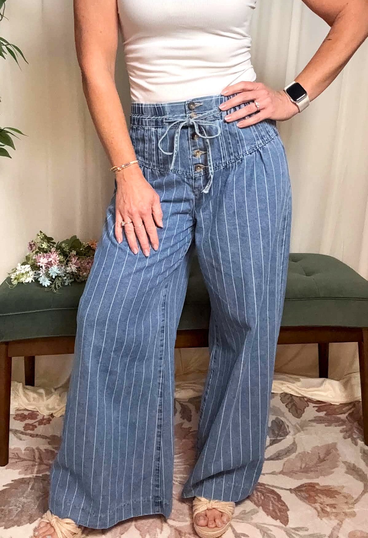 Blue Sky Striped Drawstring Jeans