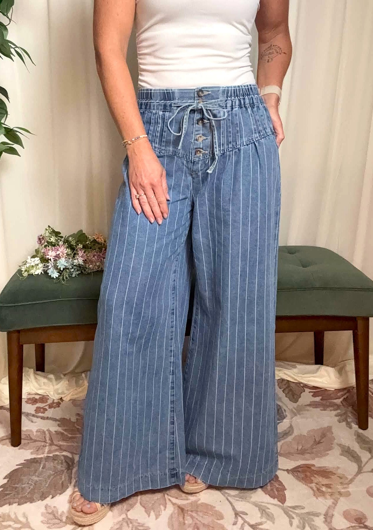 Blue Sky Striped Drawstring Jeans